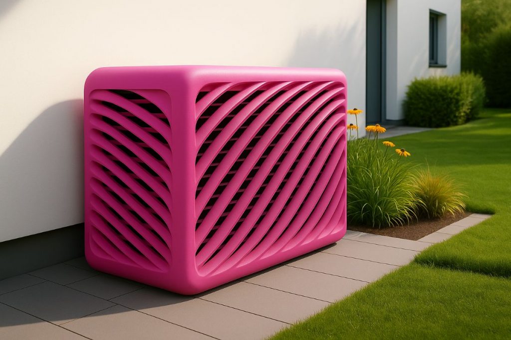 Pinke Wärmepumpen-Abdeckung mit geschwungenem Wellenmuster vor moderner Hauswand