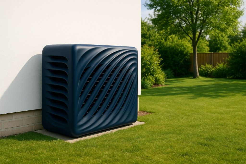 Dunkelblaue Wärmepumpen-Verkleidung aus GFK mit geschwungenem Wellenmuster im Garten
