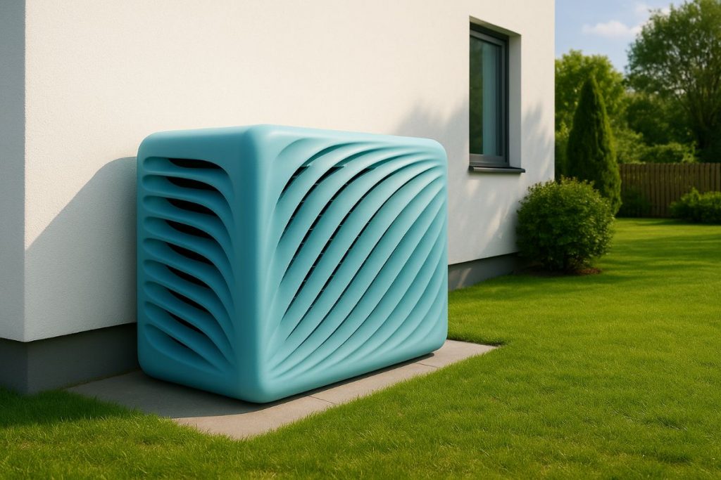 Türkise Wärmepumpenverkleidung aus GFK mit geschwungenem Wellenmuster vor moderner Hausfassade