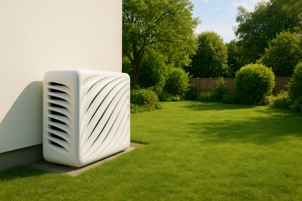 Weiße Wärmepumpen-Verkleidung mit Wellenmuster im Garten