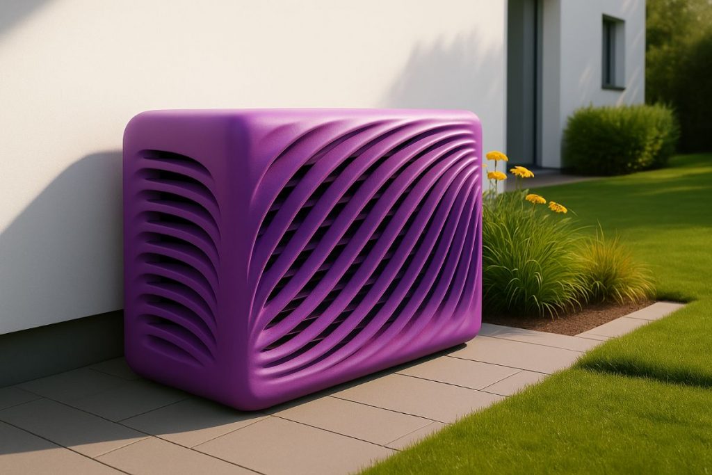 Lila Wärmepumpen-Abdeckung aus GFK mit geschwungenem Wellenmuster vor moderner Hauswand