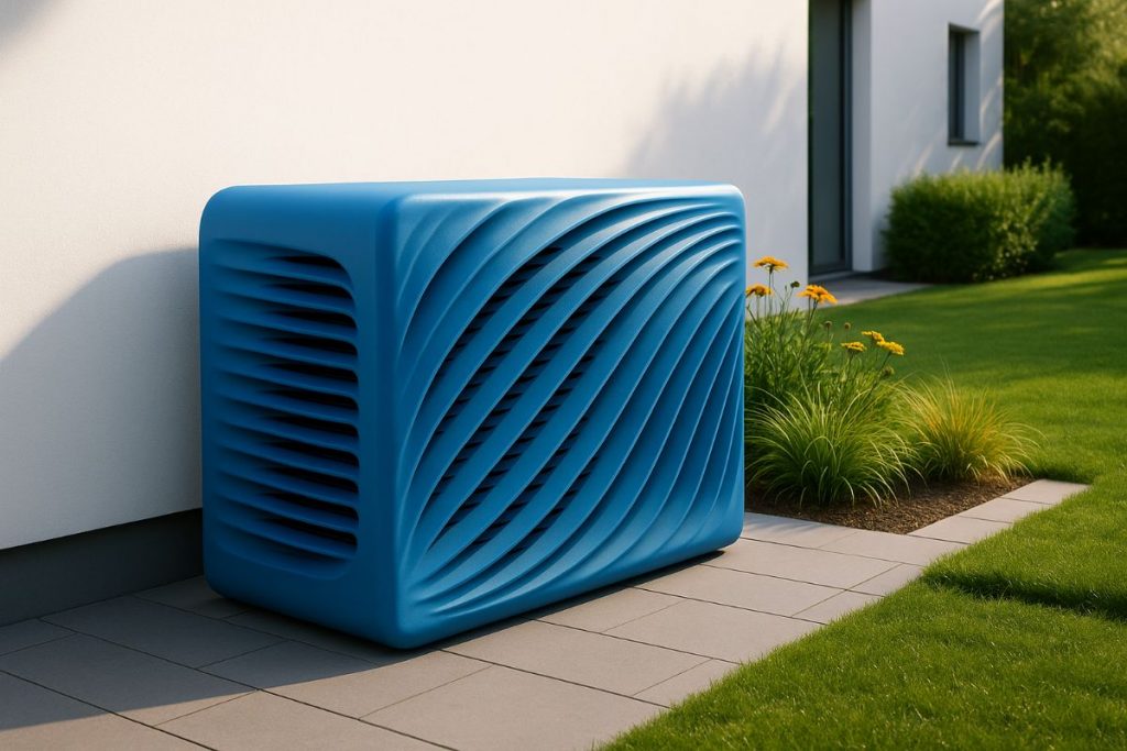 Blaue Wärmepumpen-Abdeckung aus GFK mit geschwungenem Wellenmuster an der Hausfassade