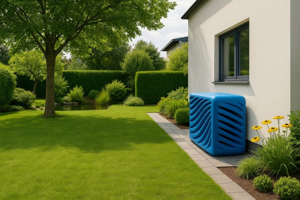 Blaue Wärmepumpen-Abdeckung mit Wellenmuster auf Terrasse im grünen Garten