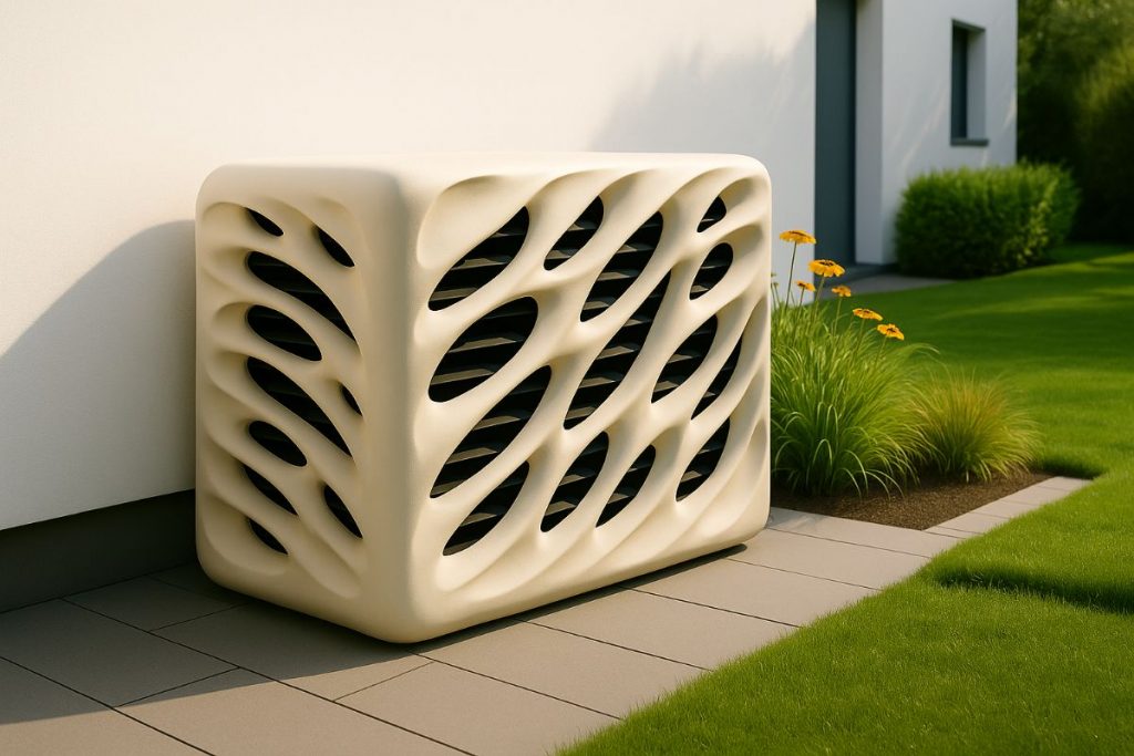 Beige Wärmepumpen-Abdeckung mit organischem Lochmuster vor moderner Hauswand