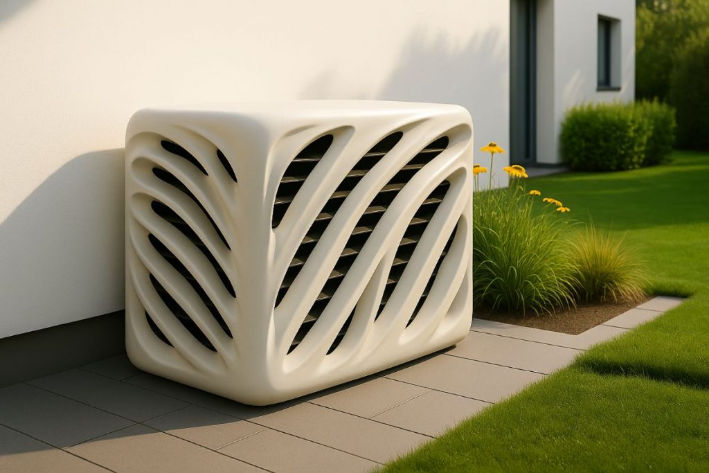 Weiße Wärmepumpen-Abdeckung aus GFK mit geschwungenem Wellenmuster vor Hausfassade