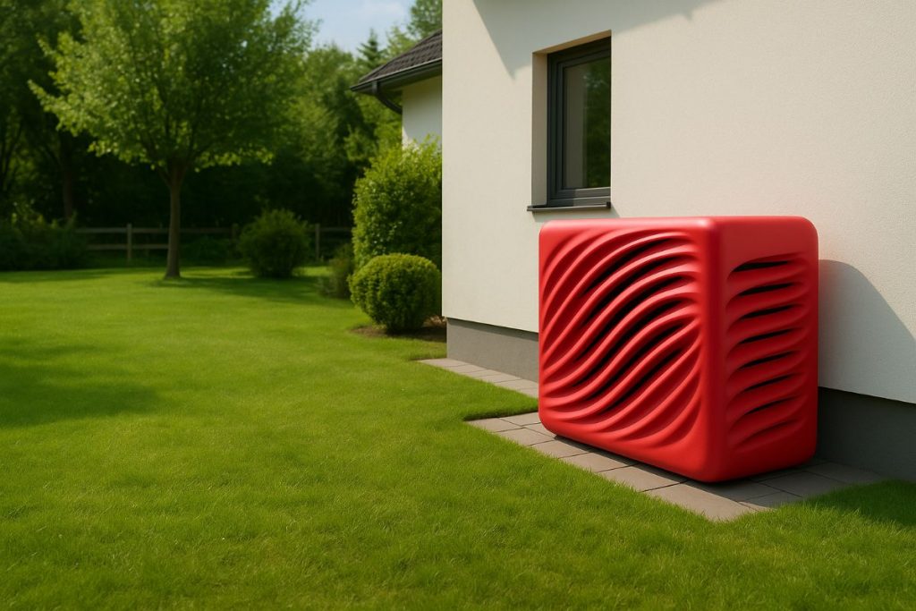 Rote Wärmepumpen-Abdeckung XXL mit Wellenmuster auf Terrasse im gepflegten Garten